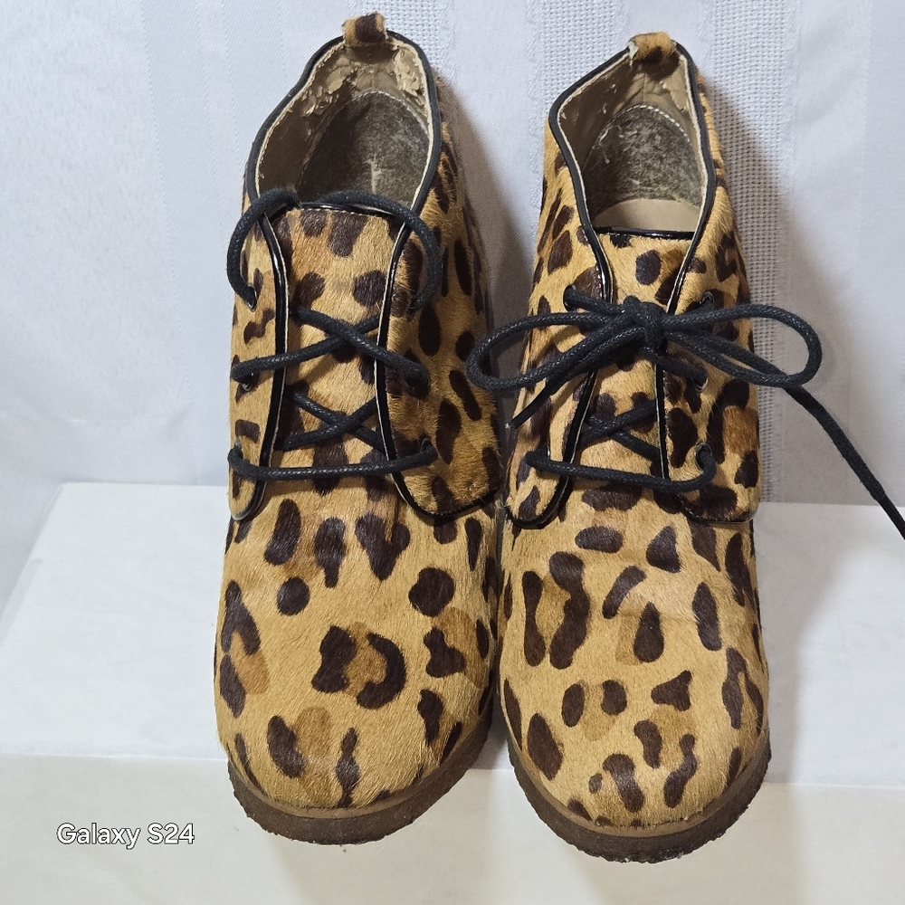 SHOEMINT WEDGE ANKLE BOOTIE PONY HAIR ROUND TOE  LACE UP JOLLY  HEEL 4" SIZE 6.5